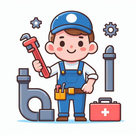 Plumber with wrench and toolbox. Hand drawn vector illustration.のイラスト素材