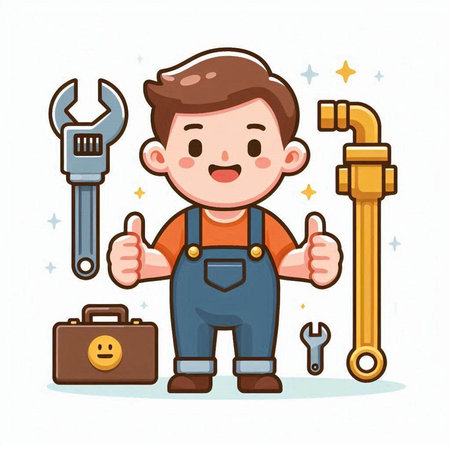cute handyman with wrench and toolbox, cartoon vector illustrationのイラスト素材