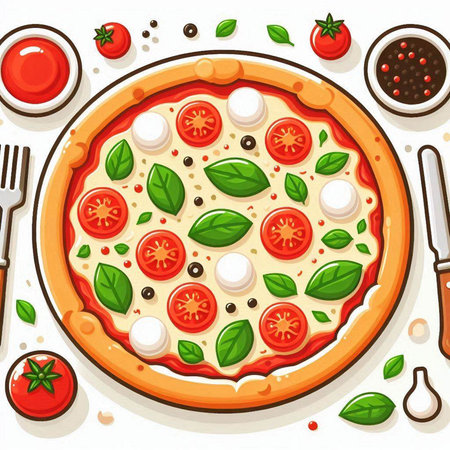 Pizza with mozzarella, tomatoes and basil. Vector illustrationのイラスト素材