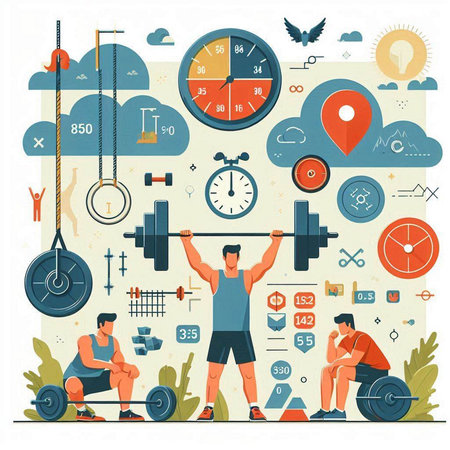 Fitness and bodybuilding concept with sport equipment. Vector illustration in flat styleのイラスト素材