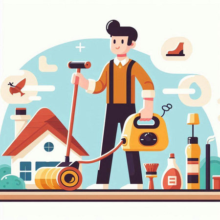 Man with vacuum cleaner cleaning the house. Flat style vector illustration.のイラスト素材