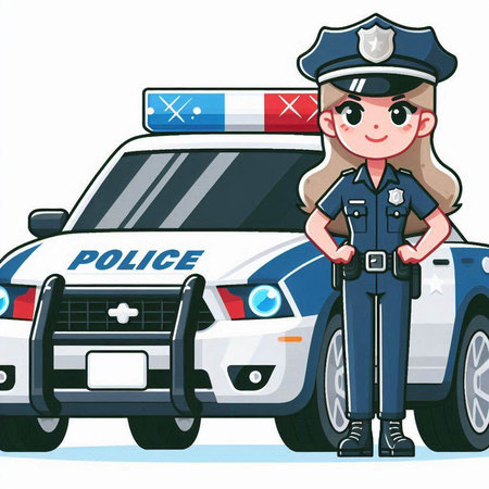 Police woman and police car. Vector illustration of a police woman.のイラスト素材