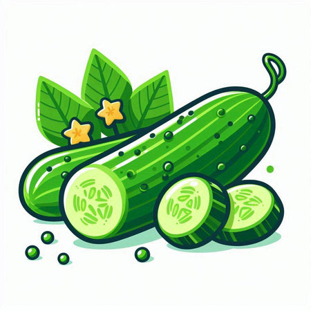 Cucumber with leaves and slices isolated on white background. Vector illustration.のイラスト素材