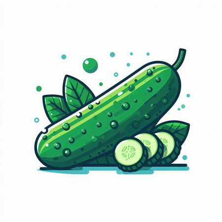 Cucumber and slices of cucumber with green leaves. Vector illustration.のイラスト素材