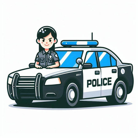 Police car with young woman on the white background. Vector illustration.のイラスト素材