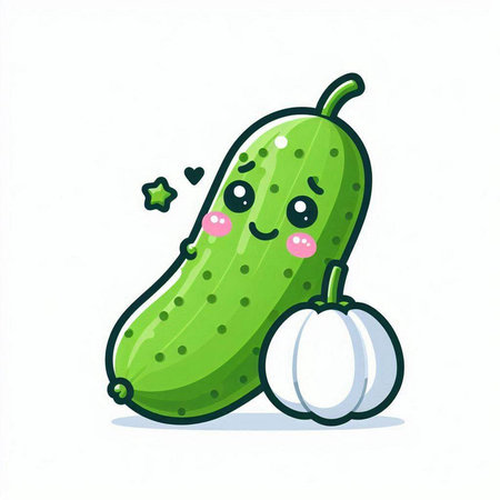 Cucumber character vector illustration. Cucumber vegetable cartoon character. Cucumber vegetable vector iconのイラスト素材