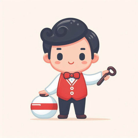 Cute cartoon boy with a kettlebell and key. Vector illustration.のイラスト素材