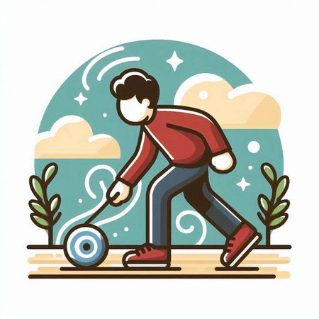 Illustration of a man rolling a scooter in the park.のイラスト素材