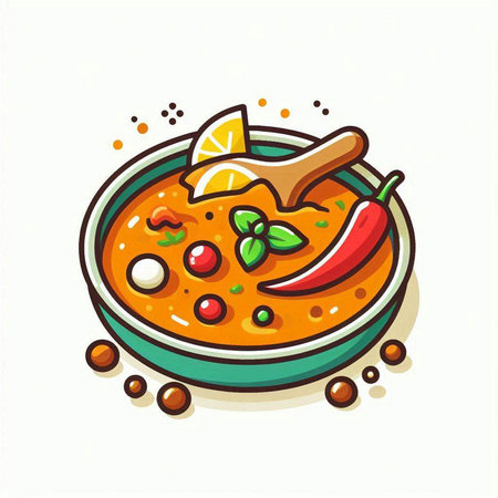 Indian cuisine vector illustration. Traditional indian dish, spicy chilli curry in bowl.のイラスト素材