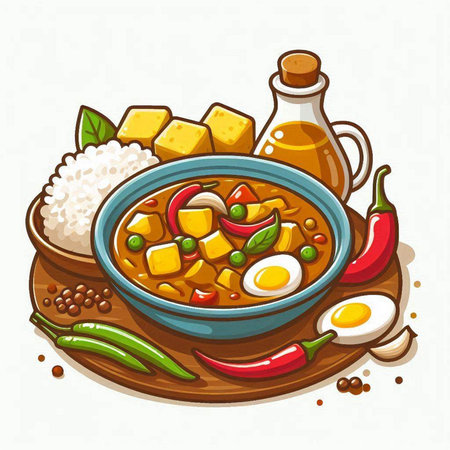 Illustration of a bowl of spicy curry with rice, egg and pepperのイラスト素材