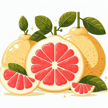 Illustration of fresh whole and sliced grapefruits with leaves.のイラスト素材
