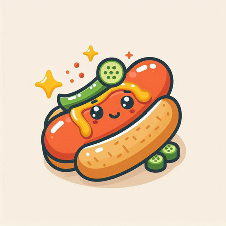 Cute hot dog with kawaii face, vector illustration.のイラスト素材