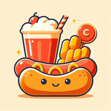 Cute fast food cartoon character with hot dog, cola and french fries. Vector illustrationのイラスト素材