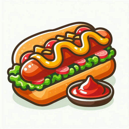 Hot dog with mustard and ketchup. Fast food vector illustration.のイラスト素材