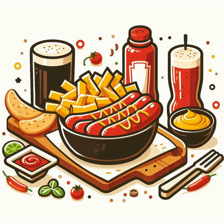 Vector illustration of fried sausages in a frying pan with saucesのイラスト素材