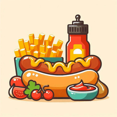 Hot dog with french fries and ketchup. Vector illustration in cartoon styleのイラスト素材