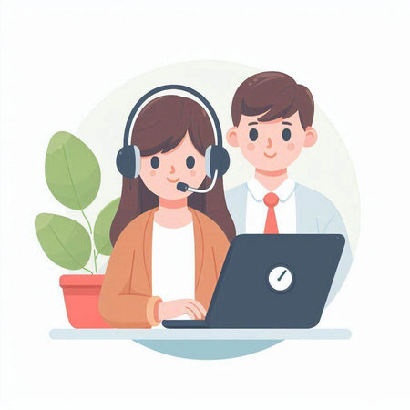Call center concept. Man and woman with headset working on laptop. Vector illustrationのイラスト素材