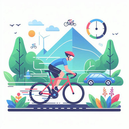 Cyclist riding bicycle in the park. Flat vector illustration.のイラスト素材