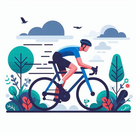 Cyclist riding a bicycle in the park. Flat vector illustration.のイラスト素材