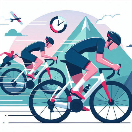 Cyclists in the mountains. Vector illustration in flat style.のイラスト素材
