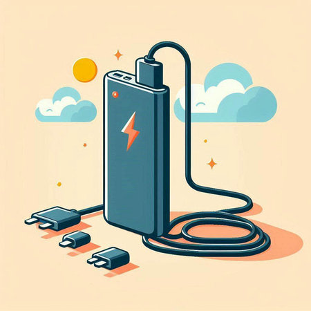 Charging the battery with a power cable. Flat style vector illustration.のイラスト素材