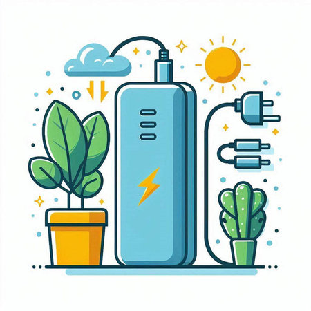 Vector illustration of power supply and green plant in pot. Flat style design.のイラスト素材
