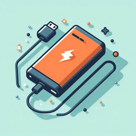 Smartphone charging from power bank on blue background. Vector illustration.のイラスト素材
