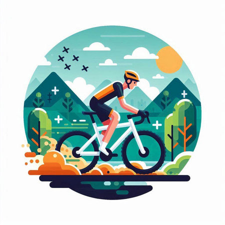 Cyclist rides on the road in the mountains. Flat vector illustration.のイラスト素材