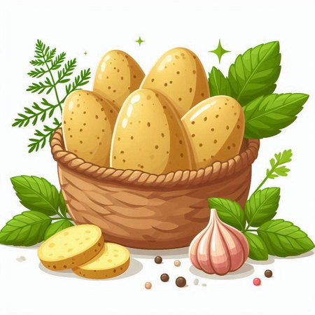 Potatoes in a basket with garlic and herbs. Vector illustration.のイラスト素材