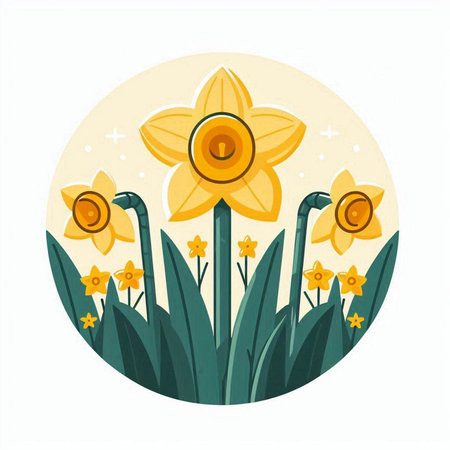 Daffodils in a circle. Vector illustration in flat style.のイラスト素材