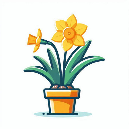 Flowerpot with daffodils. Flat vector illustration.のイラスト素材