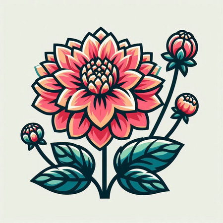 Dahlia flower with leaves and buds. Vector illustration in retro style.のイラスト素材