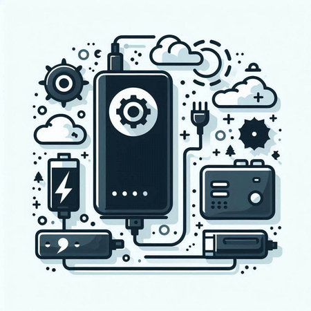 Smartphone charging battery with power cable, charger and battery. Vector line art illustration.のイラスト素材
