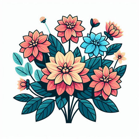 Bouquet of flowers and leaves in retro style. Vector illustration.のイラスト素材