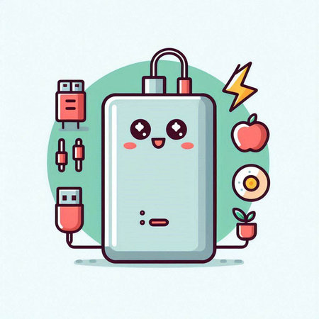 Vector illustration of cute power bank character in flat design style on green background.のイラスト素材
