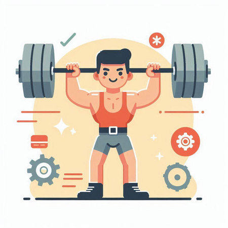 Man lifting heavy barbell. Flat style vector illustration on white background.のイラスト素材