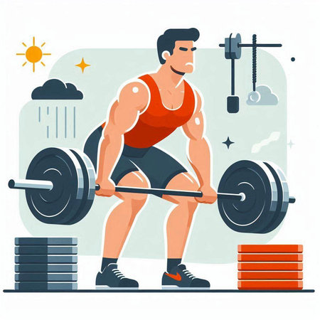 Man lifting a barbell in the gym. Flat vector illustration.のイラスト素材