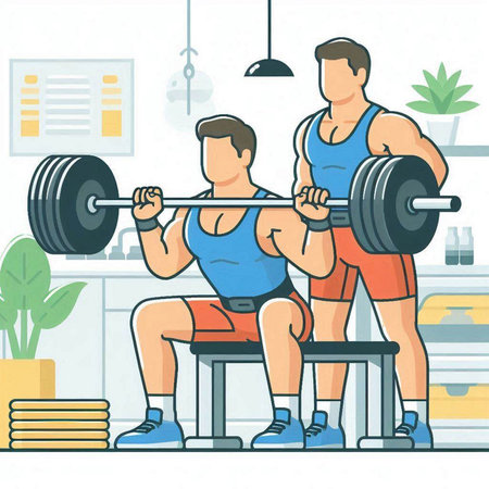 Man lifting barbell in the gym. Vector illustration in cartoon styleのイラスト素材