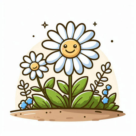 Cute cartoon daisy flower in the grass. Vector illustration.のイラスト素材