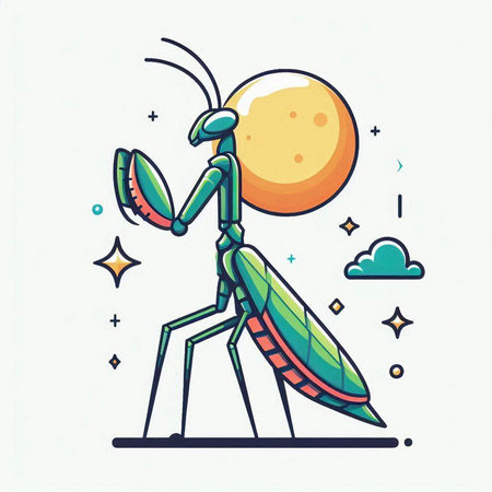 Praying mantis with moon and stars. Vector illustration.のイラスト素材