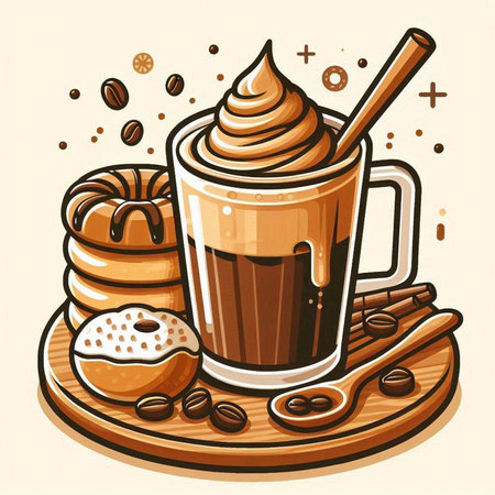 Coffee cup with whipped cream, donuts and coffee beans. Vector illustration.のイラスト素材