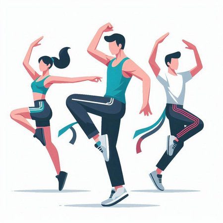 Group of young people engaged in fitness, aerobic and exercises. Vector illustration.のイラスト素材