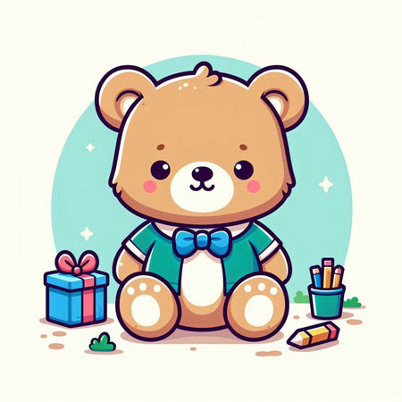 Cute teddy bear with present and pencils. Vector illustration.のイラスト素材