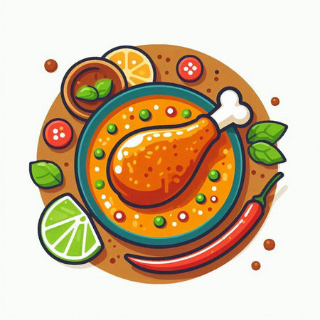 Illustration of chicken thigh with vegetables and spices. Vector illustration.のイラスト素材