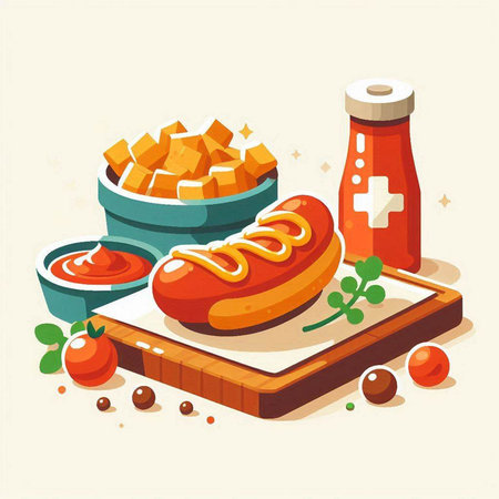 Sausage with mustard and ketchup on wooden board. Vector illustrationのイラスト素材
