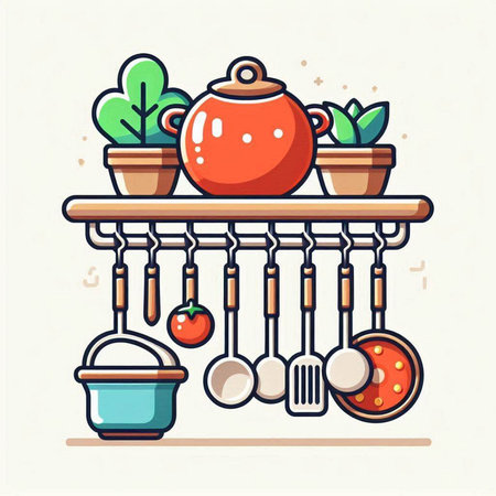 Kitchen utensils on shelf. Vector illustration in cartoon styleのイラスト素材