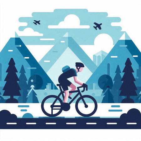 Cyclist rides on the road in the mountains. Vector illustrationのイラスト素材