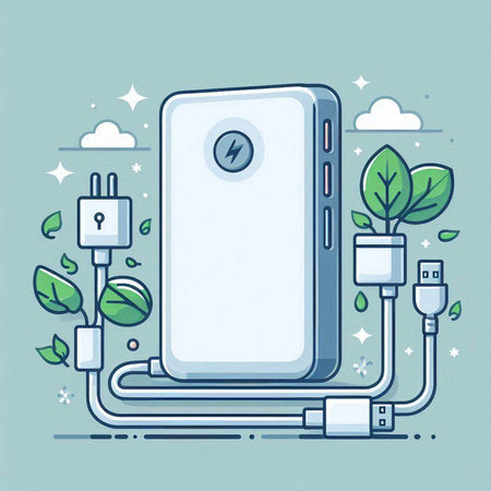 Smartphone charging with power cord and green leaves. Vector illustration.のイラスト素材