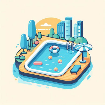 Swimming pool in the city. Flat isometric vector illustration.のイラスト素材