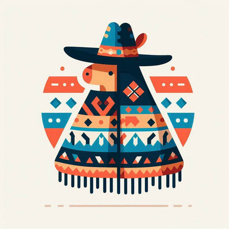 Vector illustration of a colorful ethnic man in a hat and poncho.のイラスト素材